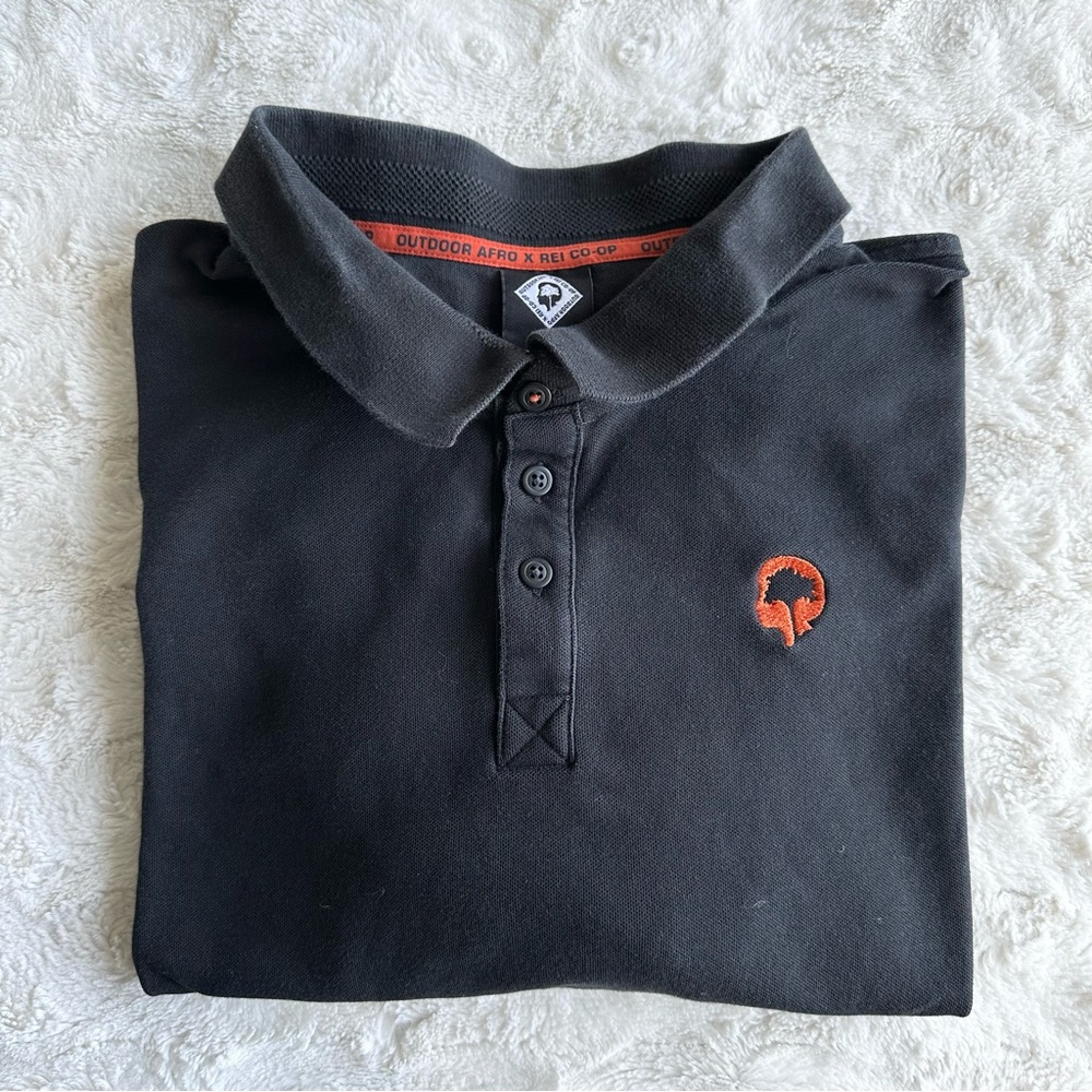REI Co-Op Outdoor Afro Polo Shirt Mens Large Black Granola Cotton Tree Logo SS